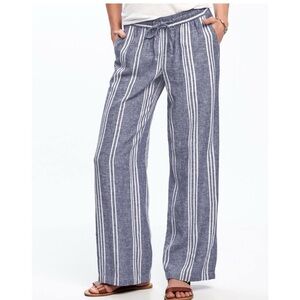 Old Navy Wide Leg Pants Linen Blend Pockets Blue White Stripe Size XL Beachy